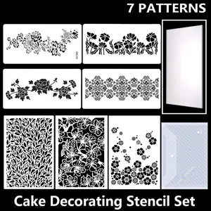 7-Piece Cake Decorating Stencil Set, Elegant Garden Style, with Cake Scraper and Storage Bag, Cake Decorating Kit