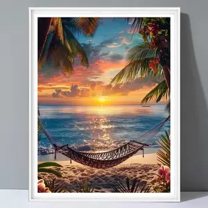 Coconut Tree Seaside Sandy Beach Scenery DIY Diamond Arts Colorful Painting Kit without Frame, Full Round Diamond Paint Kit, Wall Art Decor for Home Bedroom, Diamond Pattern Design