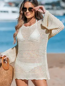 Women's Sexy Crochet Beach Cover Up - Long Sleeve Hollow Out Knit Tunic Dress for Swimwear Coverups Bikini Summer Vacation Swimsuit Cover Up