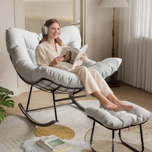 Oversized Egg Rocking Patio Chair with Ottoman – 5" Thick Cushion – Sturdy Steel Frame – All-Weather PE Wicker – 350 lbs Capacity – Comfortable Garden, Balcony, Indoor/Outdoor Lounge Chair – White