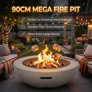 Round Wood Burning Concrete Outdoor Fire Pit,35.43" Heat Resistant MGO Ceramic Material Base with BBQ Grill Firepit for Patio Garden,Backyard Barbecue,Outdoor Gatherings Light Gray (Black)