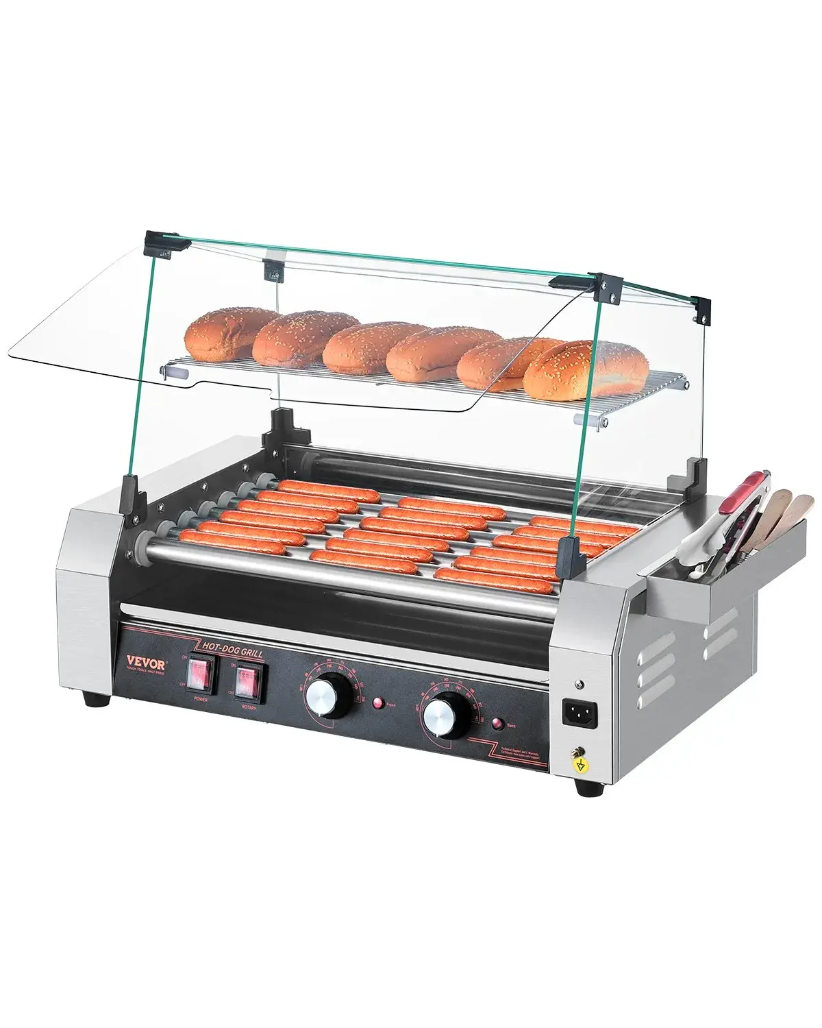 【Summerfinds】VEVOR Hot Dog Roller,  12 Hot Dog 5 Rollers, Stainless Steel Sausage Grill Cooker, 750W Commercial Hot Dog Machine with Dual Temp Control, Cover, Side Storage Box, Removable Shelf & Oil Drip Tray