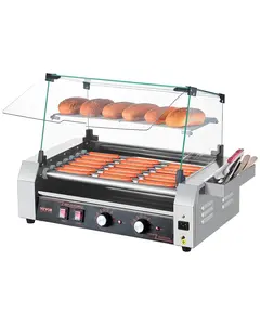 【Summervibes】VEVOR Hot Dog Roller,  12 Hot Dog 5 Rollers, Stainless Steel Sausage Grill Cooker, 750W Commercial Hot Dog Machine with Dual Temp Control, Cover, Side Storage Box, Removable Shelf & Oil Drip Tray