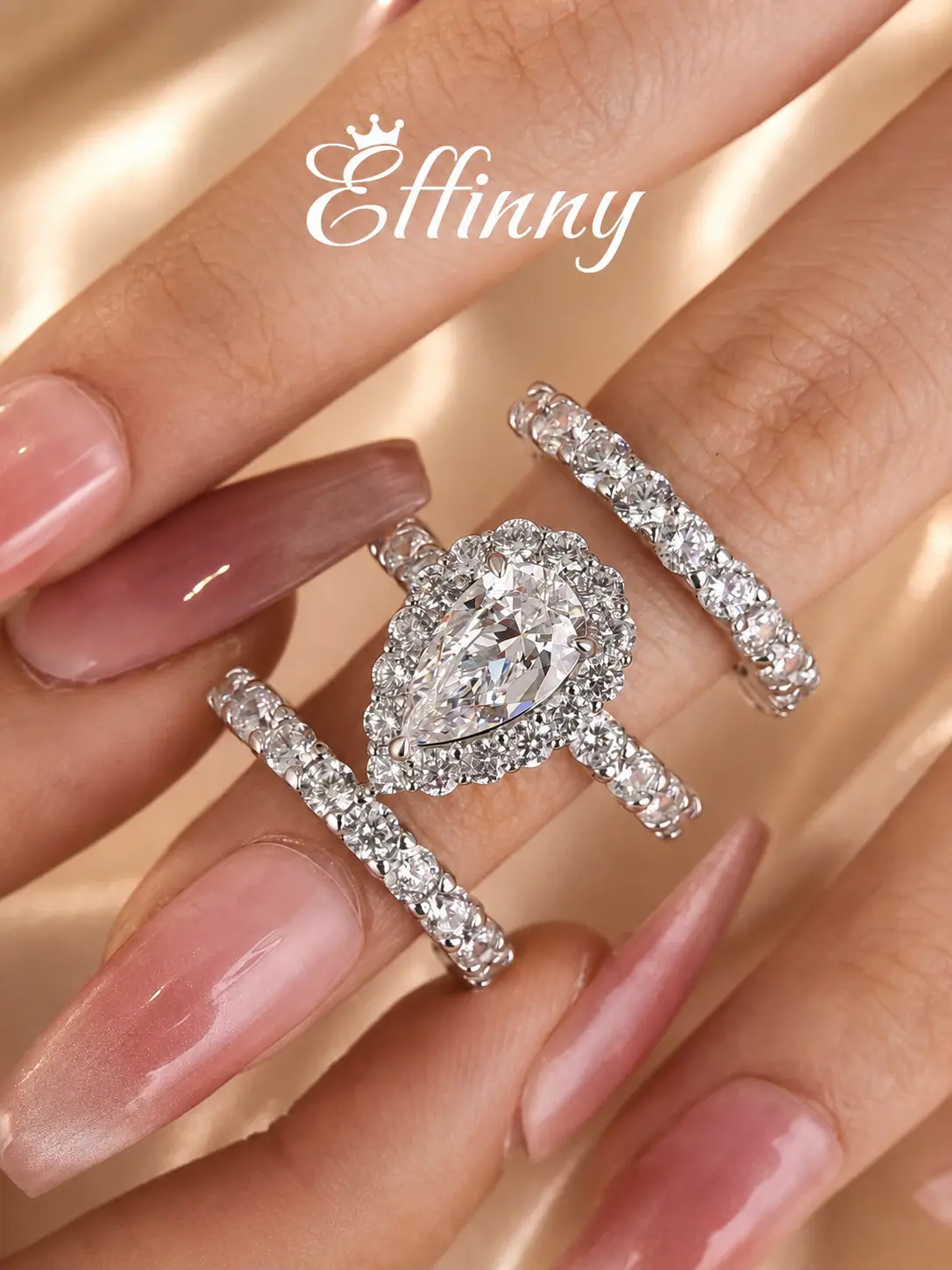 Effinny 14K Gold Plated 3.0ct 3PC Halo Pear Cut Waterproof & Tarnish-Resistant Wedding Ring Set, Fashion Jewelry Women's Ring Set for Daily Wear, Travel-Friendly, Engagement Wedding Bands