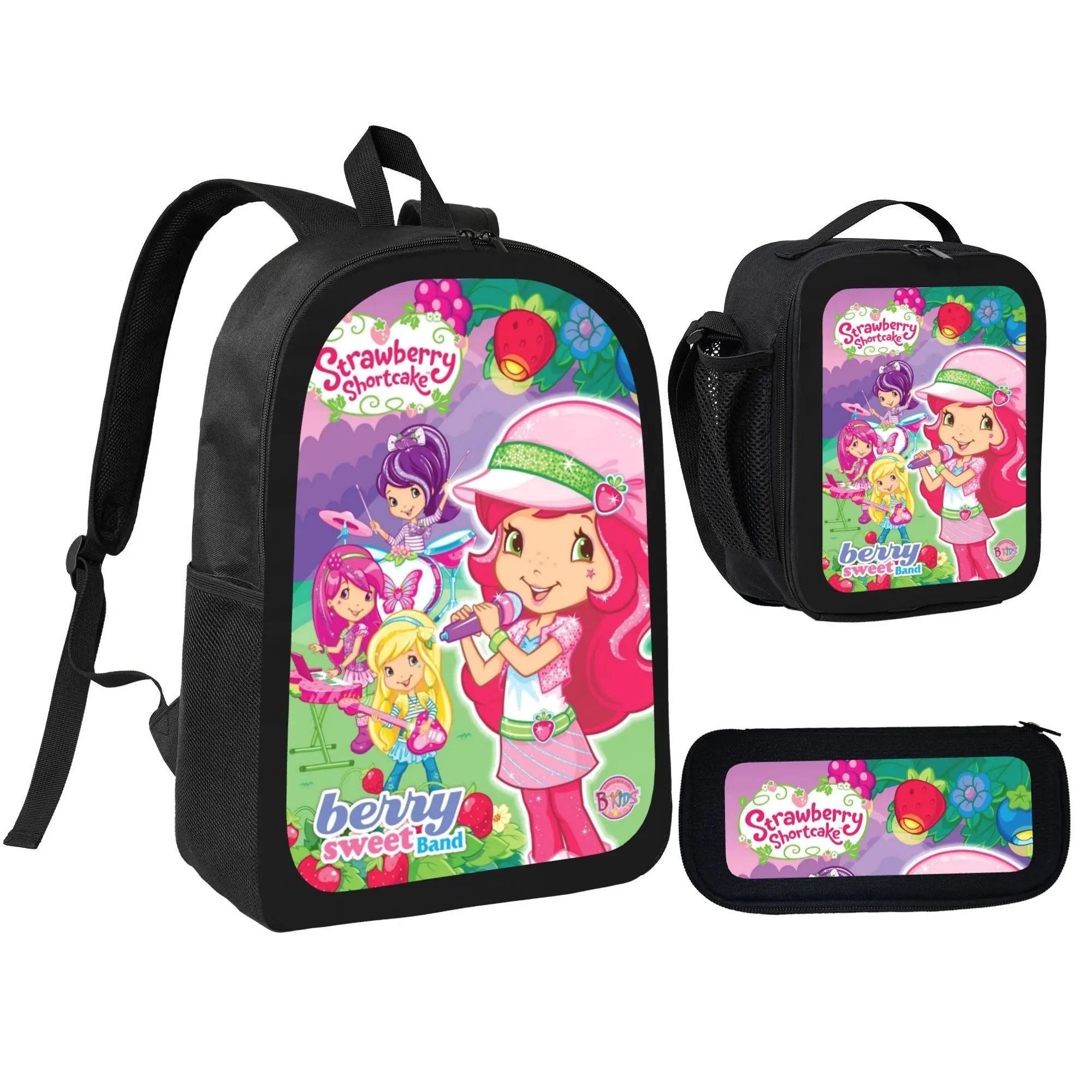 3pcs Kids Backpack Set with straw-berry Design - School Backpack, Pencil Bag, Lunch Box - Lightweight Durable Polyester Ideal for Zoo Park Trip Holiday