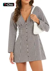 Women Fall Long Sleeve Plaid Sexy Mini Dress Daily Street Wear Outfit Shirt Dress