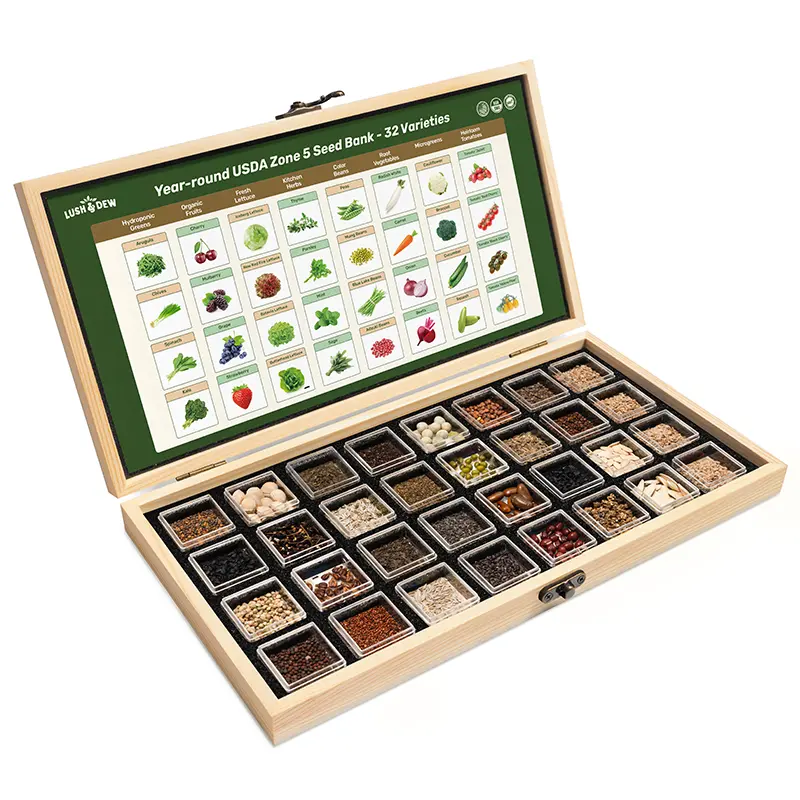 LUSH&DEW Year-Round USDA Zone 5 Seed Bank - 32 Organic Home Garden Seed Varieties for All Seasons Gardening