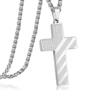 Gift: Men's/Boys' Cross Necklace with Bible Verse Engraving, Featuring a Stainless Steel Silver and Black American Flag Chain, Men's Pendant
