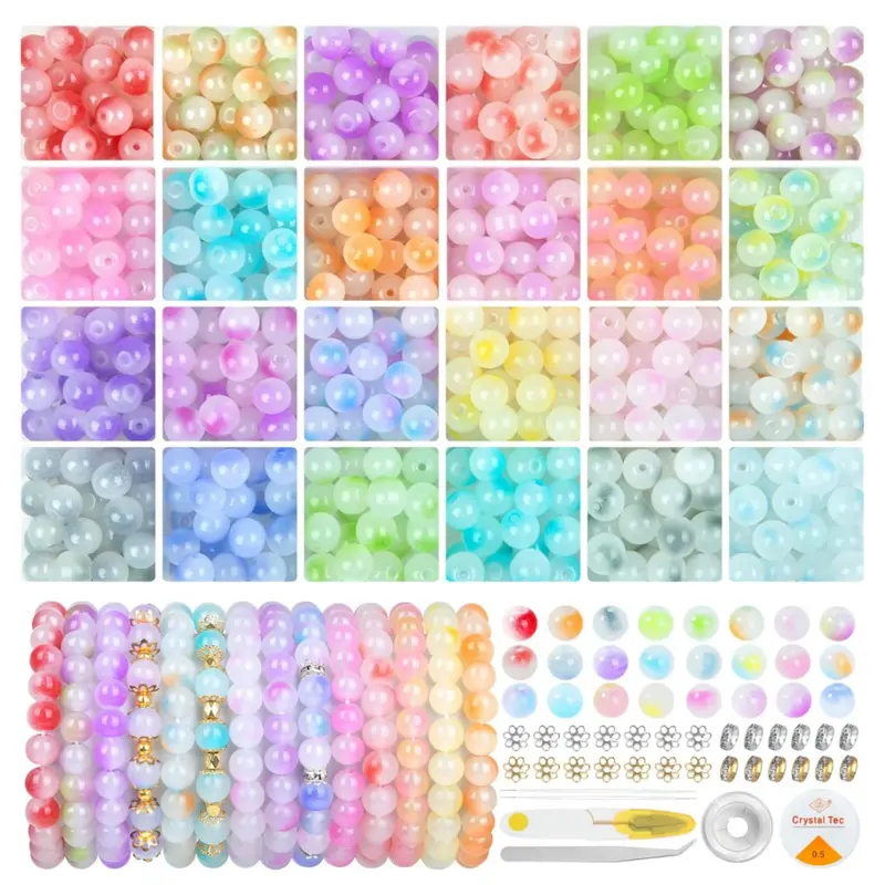 480Pcs Glass Beads for Jewelry Making, 24 Color 8mm Glass Crystal Beads Friendship Bracelets Making Kit for DIY Earrings Necklaces Rings