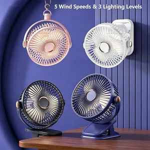 Portable Mini Fan with USB Rechargeable Battery, Multifunctional Fan, Five Speed Settings, Three Night Light Modes, 360° Rotatable Clip/Stand/Hang Design, Ideal for home Dorm Office Travel & Outdoor Use