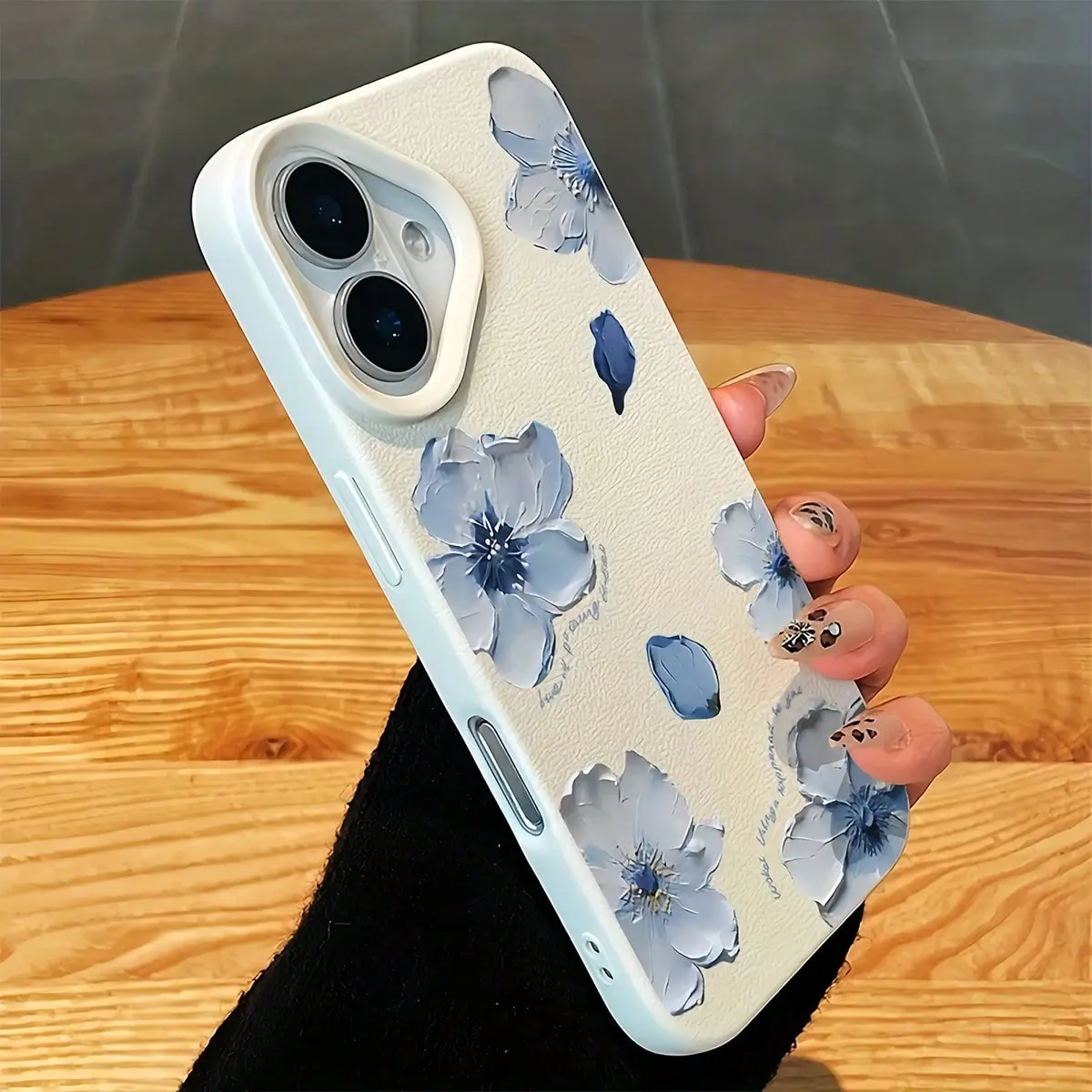 Flower 1 piece white leather texture blue floral design phone case, customizable, compatible with iPhone 17/16/15/14/13/12/11/X/XS/XSMAX, full-coverage shockproof protective case, suitable as a gift for family and friends, Accessories, Smartphone, Cellpho