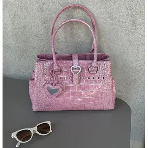 Large-capacity stone-pattern tote bag |       Casual, elegant, exquisite, versatile shoulder bag, sexy pink crocodile-patterned handle, stylish and refined, lined, zipper closure, detachable shoulder strap crossbody women plain design Fashionable Plaid sm