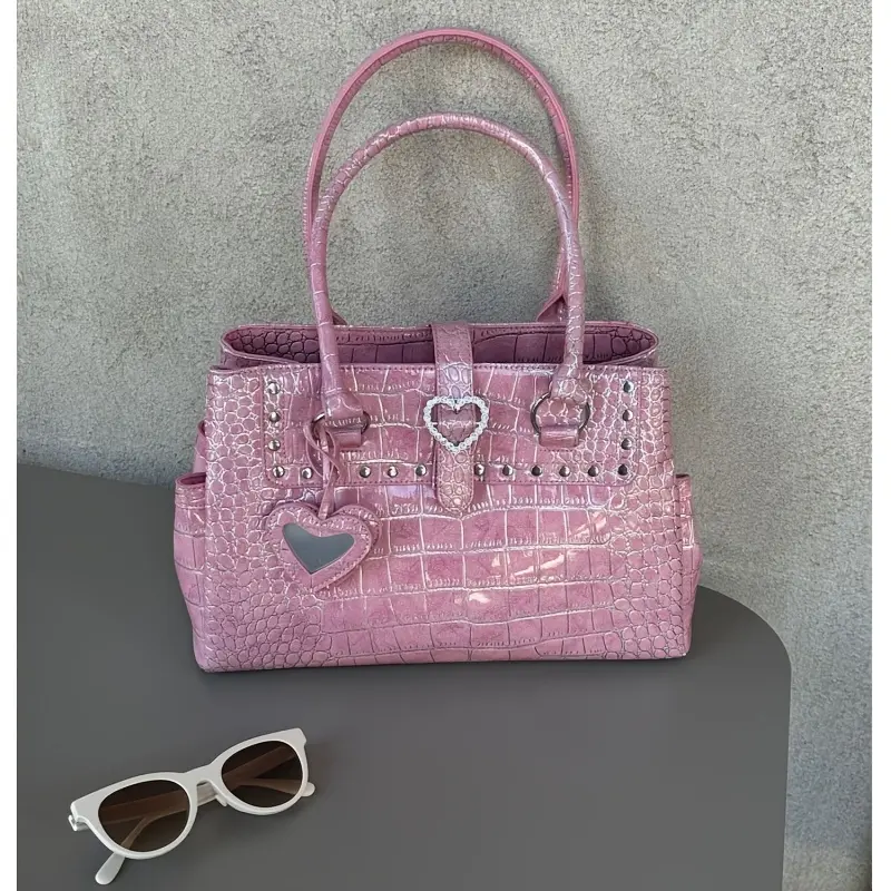 Women's Large-Capacity Stone-Pattern Tote Bag - Casual Handbags with Blush Pink Crocodile-Pattern Handles, Plain Design, Lined, Zipper Closure, Detachable Crossbody Shoulder Strap, Tote Bags