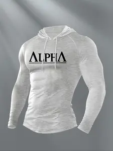 Men's 'ALPHA' Logo Graphic, Letter Graphic Black Compression Hoodie, Athletic Theme Streetwear, Trendy Urban Outfit with Minimalist Print, Comfortable Stretchy Fabric, Versatile for Workouts, Casual Hangouts, Ideal for Modern Wardrobes