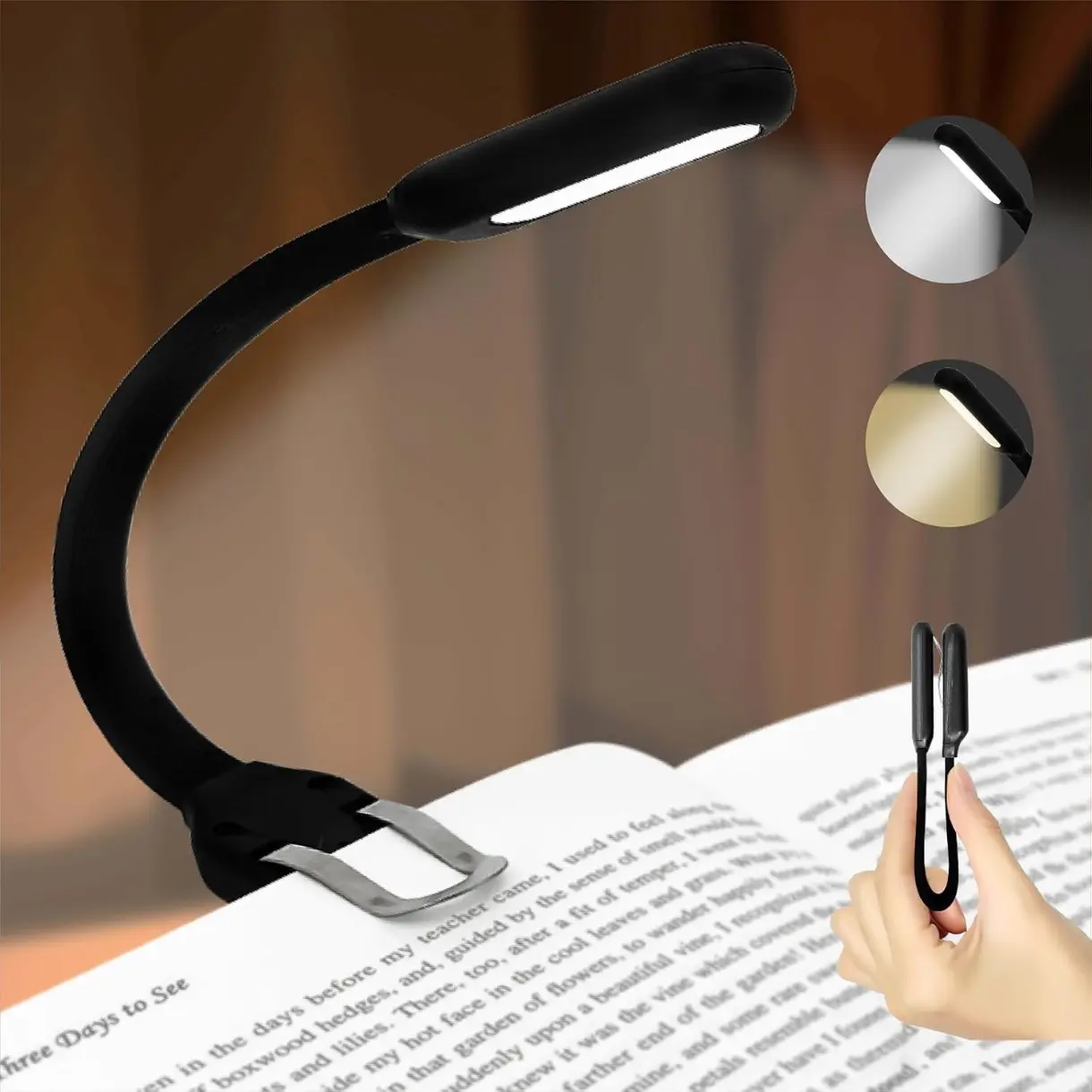 Slim Rechargeable Book Reading Light, Eye Caring LED with 4 Color Temperatures, Portable Clip on Book Light for Reading in Bed & Travelling. Prefect Elegant White Gift for Book Lover.(Black)