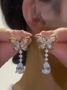 Elegant Butterfly Pendant Artificial Zirconia Earrings for Women, Casual Alloy Chic Gorgeous Jewelry for All Seasons, Perfect Party Gift for Girls