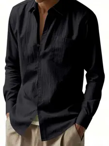 Men's Casual Linen Long Sleeve Shirt, Loose Fit Button Front, Breathable American Classic Style, Spring & Fall Fashion, Men's Clothing