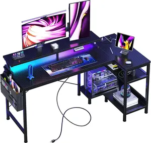 L Shaped Gaming Desk with LED Lights, Power Outlets, USB & Type-C, 40"/48" Reversible Corner Gaming Table with Shelves & Monitor Stand, RGB Gaming Setup, Black / White