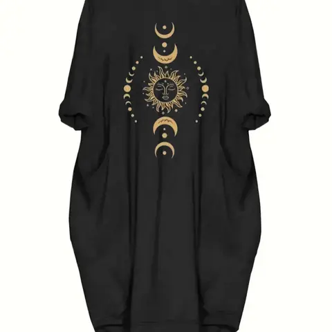 Plus Size Moon & Sun Print Asymmetrical Hem Statement Graphic Dress, Boho Fit Dress, Casual Boho Fashion, Boho Style Clothes, Casual Long Sleeve Round Neck Dress for Summer, Women's Plus Clothing for Daily Wear, Womenswear