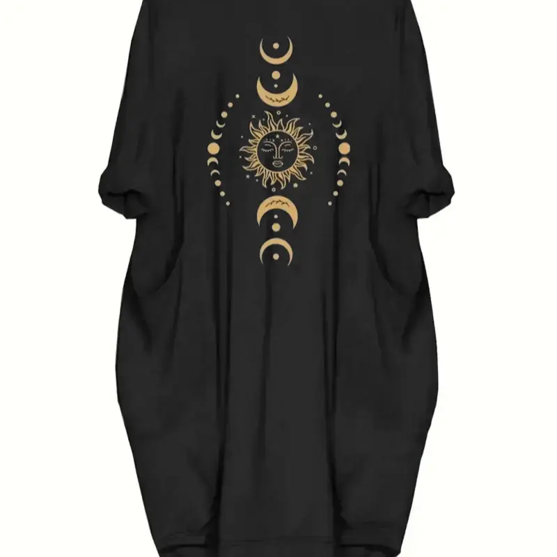 Plus Size Moon & Sun Print Asymmetrical Hem Statement Graphic Dress, Boho Fit Dress, Casual Boho Fashion, Boho Style Clothes, Casual Long Sleeve Round Neck Dress for Summer, Women's Plus Clothing for Daily Wear, Womenswear