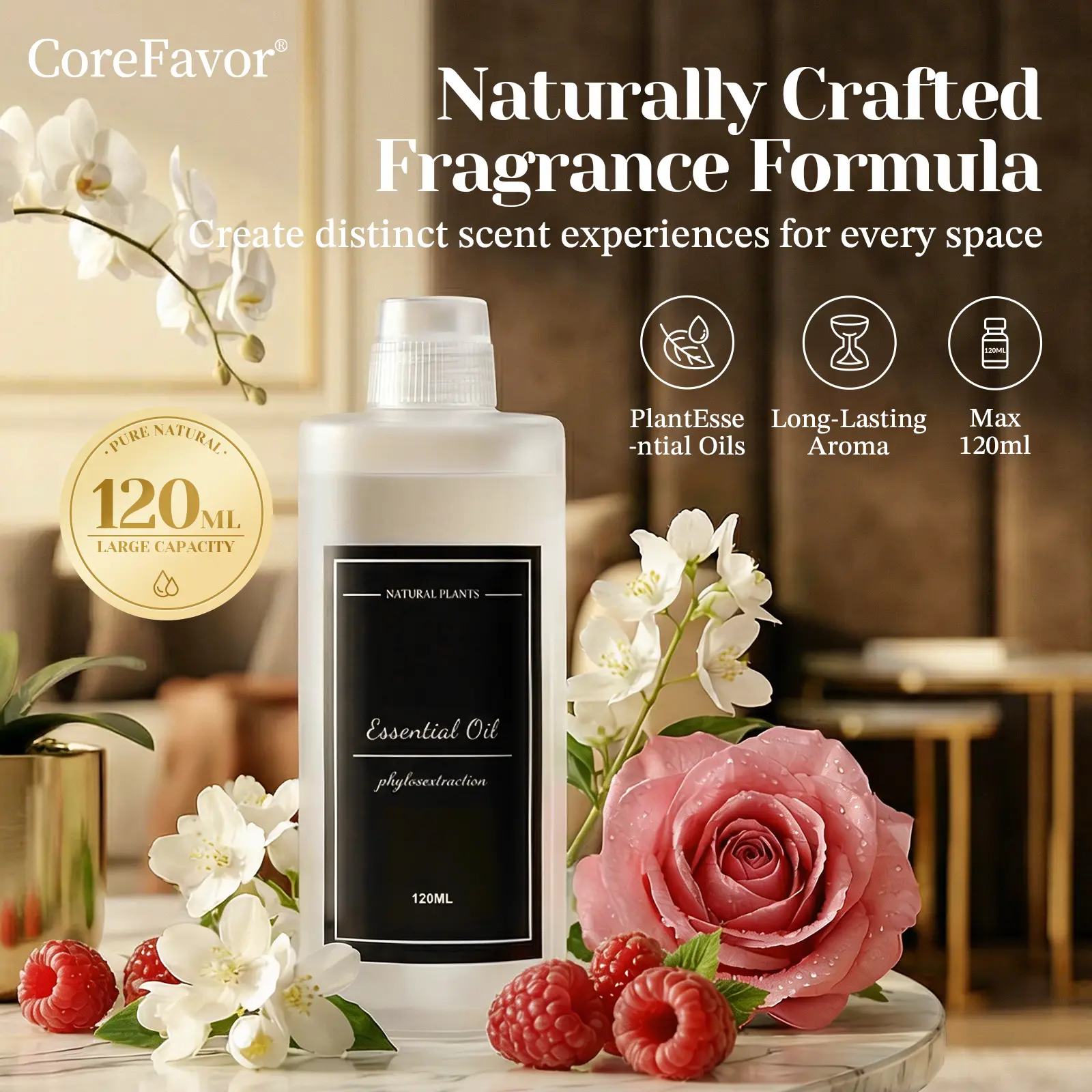 CoreFavor 120ml Essential Oil for M60 Home Fragrance Diffusers, Plant-Based Diffuser Oil, Alcohol-Free Oil for Diffuser, Hotel Scent Diffuser Oil, Essential Oils for Diffusers for Home, Bedroom, Bathroom, Office & Commercial Spaces