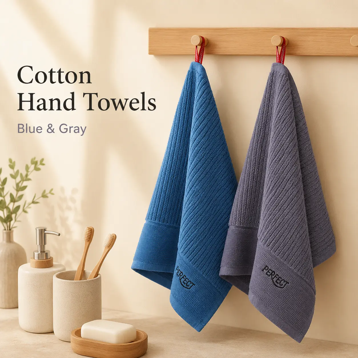 Thick Cotton Hand Towel with Hanging Loop, Soft Absorbent Square Towel 34x34 cm, Blue & Gray, Compact for Kitchen, Bathroom, Gym & Travel