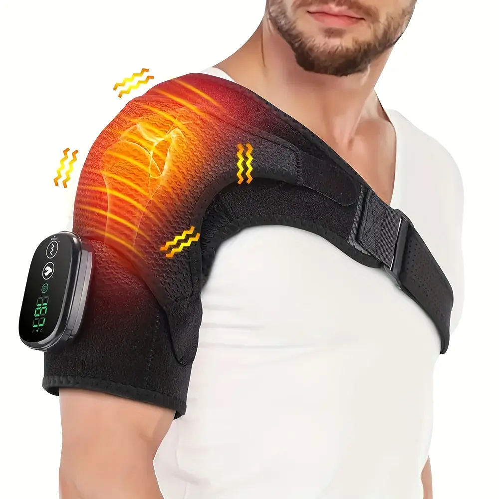 USB-powered electric shoulder warmer with adjustable straps and shoulder support. Features 3 adjustable heating pads for ultimate comfort in shoulders,