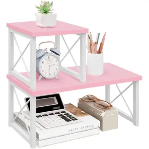 Desktop Shelf, 2 Tier Independent Stackable Desk Stand, Adjustable Freestanding Table Top Mini Bookshelf, Aesthetic Storage Organizers for Women/Girls/Daughter, Pink
