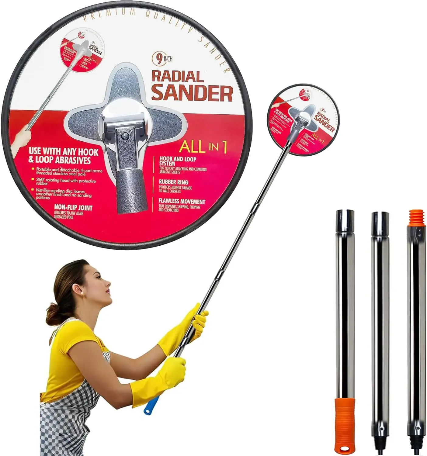 9 Inch Radial Hand Drywall Sander Hardware Pole Set - 4 Ft Long 3-Count Pole, Hook and Loop System, Metal Pivoting Hinge, 3x Faster Sanding, 90% Larger Area Wall Cleaning & Polishing Tool
