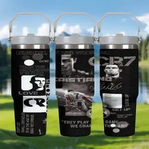1pc 30oz Stainless Steel Insulated Mug, Double Wall Insulated, featuring a Cristiano Ronaldo black and white color-blocked print design, fan support, with handle and straw, perfect for coffee, tea, and cold drinks, a birthday/holiday gift