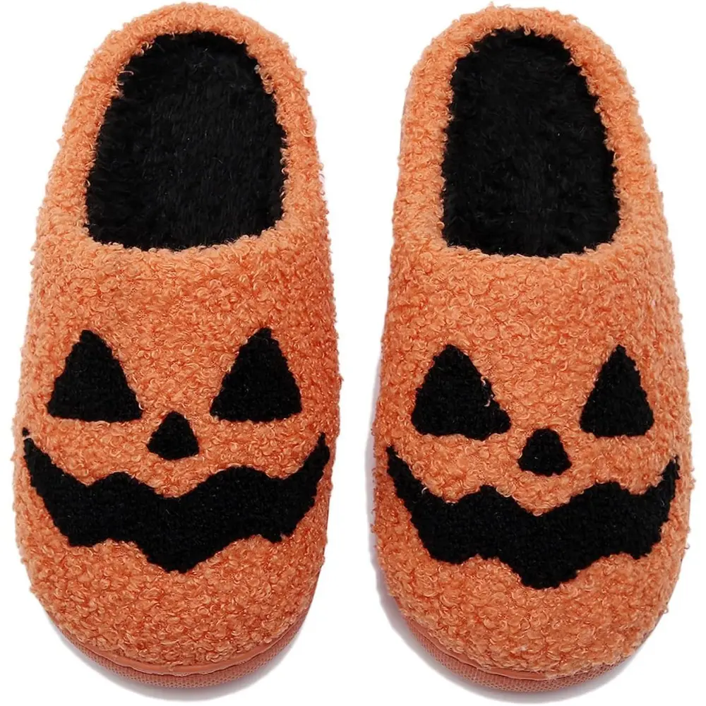 Women's Unisex Skull-Pumpkin Slippers, Faux Fur-Lined Comfy Plush Slides, Antislip Sole Fluffy House Footwear for Winter Indoor Use, Party, Fur Slides, Slip On, Ankle, Casual, Cute, Cute Chic, Round Toe, Casual Wear, Tpr Rubber, Black Skull, Elegant, Holi