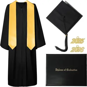 Graduation Gown and Cap with Tassel and 2026 Year Charm - Golden 72" Stole - Black Diploma Holder |   Custom