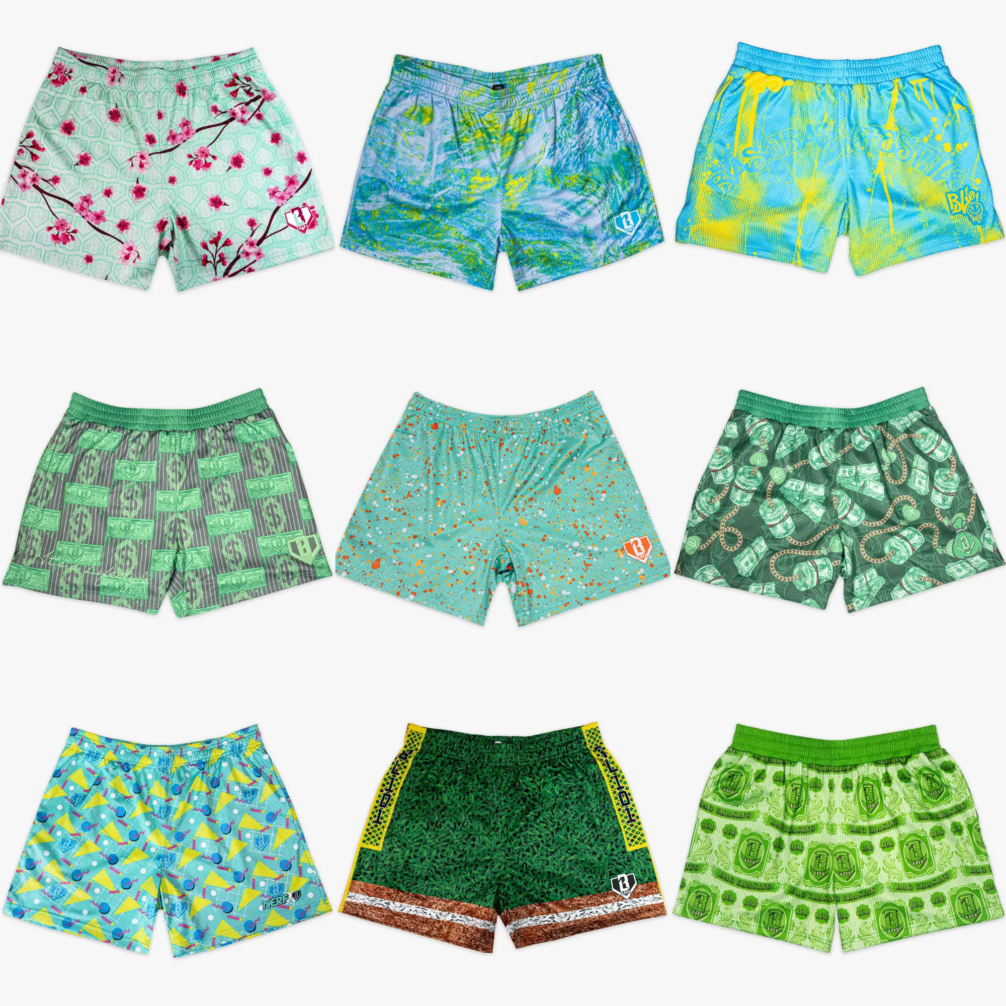 [ Back to Schoo Flash Sale - Baseball 101 Short ] Men's Cherry Blossom, Money Print & Splatter Mesh Shorts – Graphic Athletic Gym Shorts for All Ages & Sizes