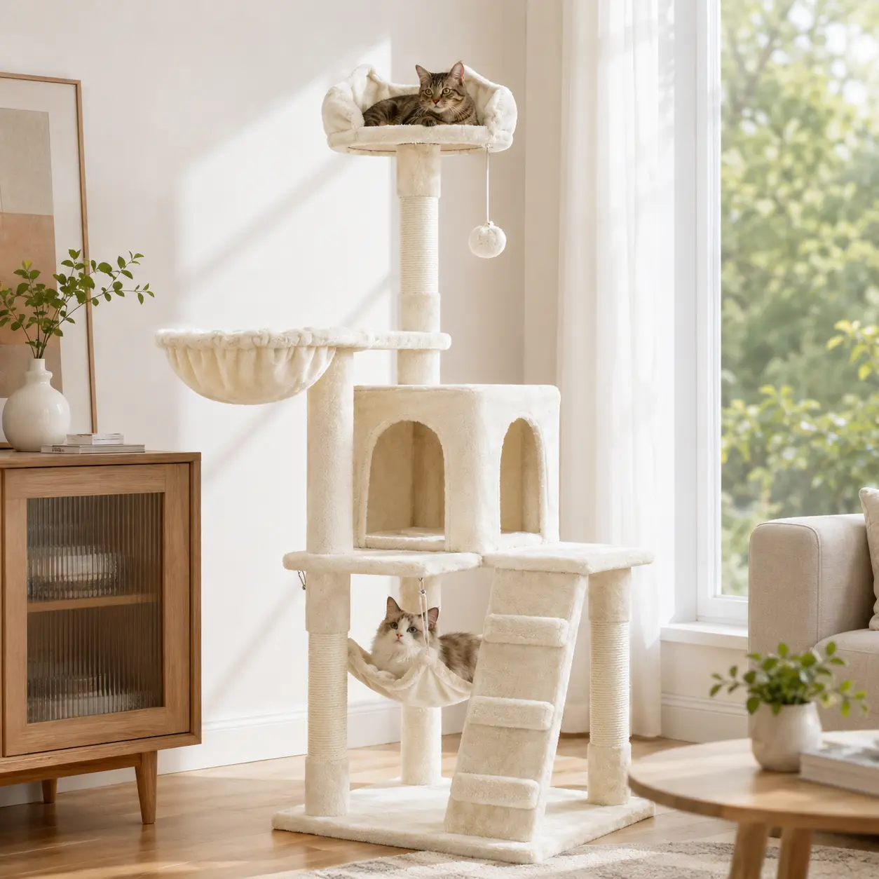 Costoffs 53.6-Inch Modern Multi-Level Cat Tree for Kittens (Abyssinian, Devon Rex, Siamese; 10 lbs Max Each) - Furniture Saver, Hammock, Condo, Basket Perch, Sisal Scratching Posts, Vertical Scratcher
