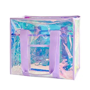 Iridescent PVC Clear Tote Bag For Women Waterproof Sandproof Beach Shoulder Handbag With Phone Pouch Purple Translucent Carryall outdoorfun