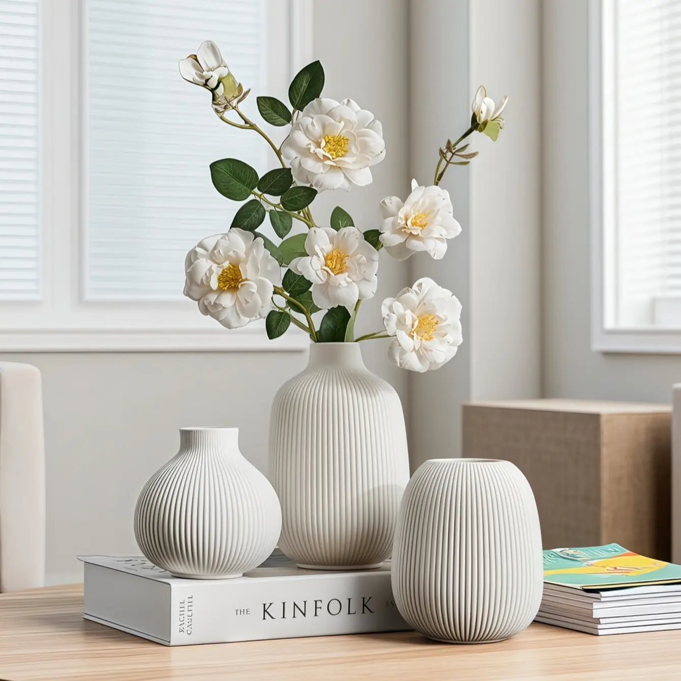 3-Piece Abstract Art Ceramic Vase Set, Holds Water, Ideal for Flower Arrangements & Home Decor, Elegant Modern Design