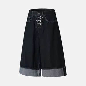 Buckle Detail Raw Denim Jorts | Inflation Streetwear FabricFit Aesthetic Black Bottom Cuffed Everyday Jeans Longline fathers day gift
