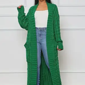 Fashion Women's Clothing Long Length Cable Knit Cardigan - Elegant Solid Long Sleeve Sweater With Pockets - Women's Clothing - Fall/Winter - Suitable Casual & Formal Occasions - Perfect Women