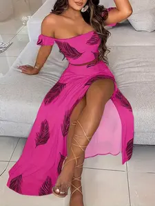 Women's Solid Fitted Crop Top & Floral Sunflower Print Skirt Two-Piece Set, Elegant Fashion Casual Two Piece Set for Daily Outdoor Wear, Ladies Clothes for Summer