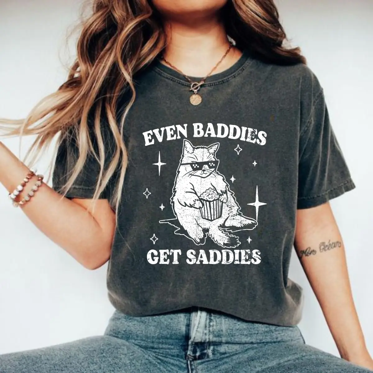 Comfort Colors Even Baddies Get Saddies Shirt – Mental Health Awareness Tee, Funny Cat Meme Graphic, Unisex Anxiety & Depression Support Top