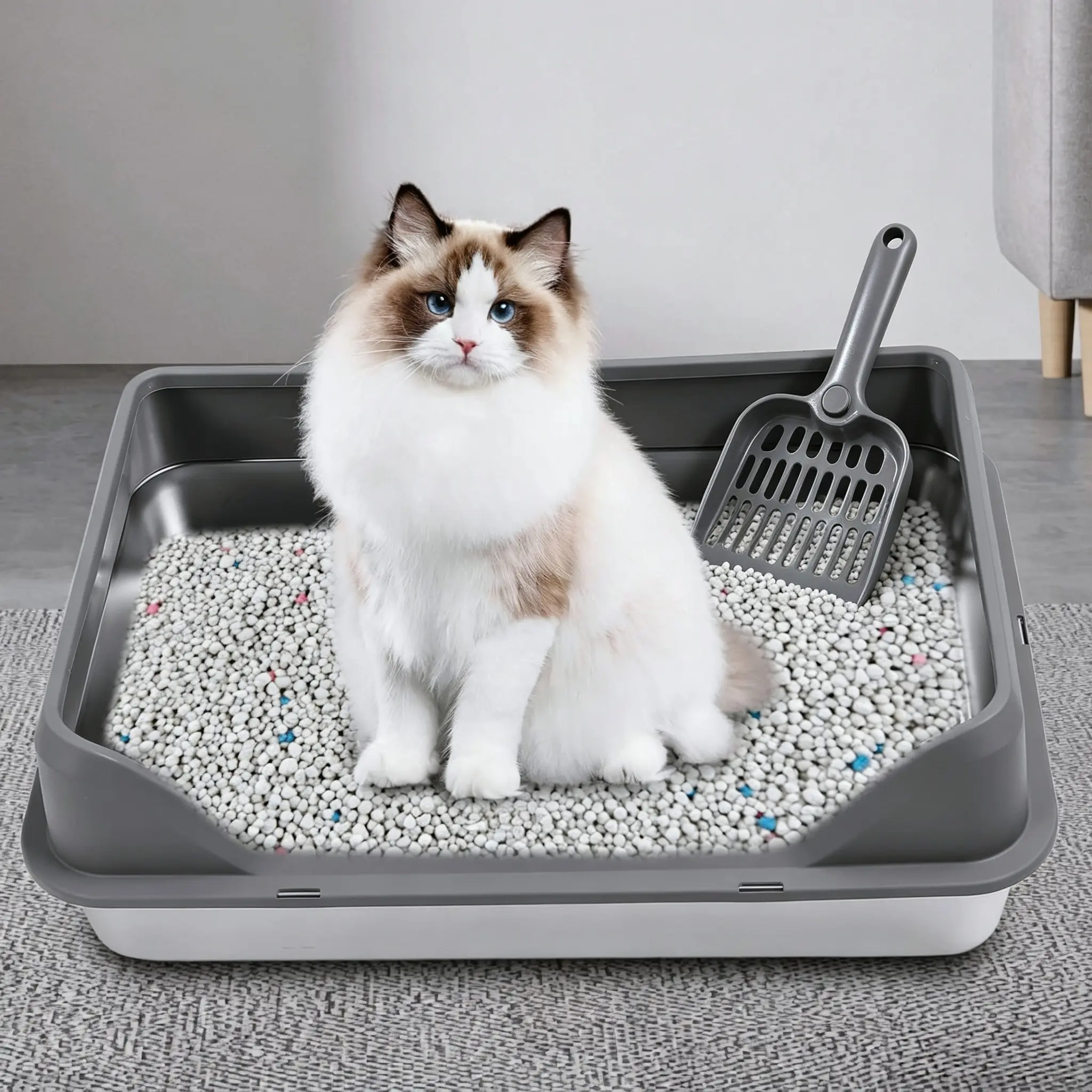 Petwhole Suitfeel Series Open-Top Stainless Steel Litter Box - Leakproof, Easy to Clean, Extra Spacious, Includes Free Litter Scoop, Available in L/XL Sizes, Suitable for Cats