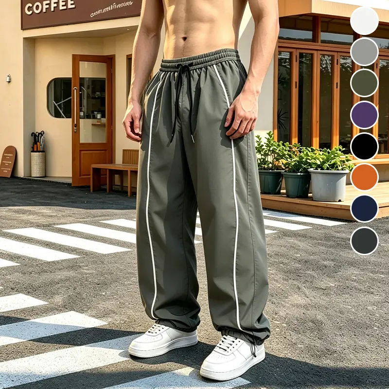 Men Convertible Hem Wide Leg Windbreaker Pants, Wrinkle-Free Thin Shell Trousers with Double Side Contrast Tape, Dual Drawstring Elastic Waist, Slant Hand Pockets for Skate Street Style