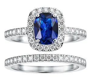 Diamonique Blue Radiant Ring w/ Eternity Band Set, Sterling