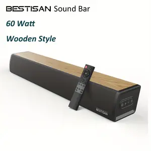 Sound Bar, Bestisan 60 Watt Sound Bar for TV, Designed with Unique Oak Finish, 3 Equalizer Modes, Optical Fiber/Coaxial Cable/Auxiliary/USB Drive Connection, BT 5.0 (Wireless), Adjustable Bass, Wall-Mounted, Deep Bass