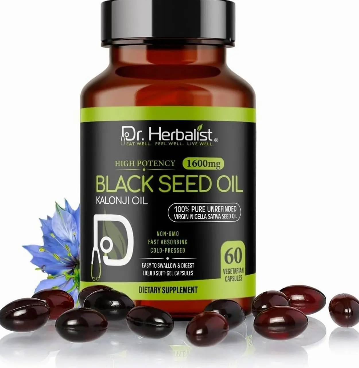 Dr. HERBALIST Black Seed Oil 1600mg – 60 Softgels | Cold-Pressed Organic Nigella Sativa | Pure Black Cumin Seed Oil with Natural Thymoquinone (TQ)