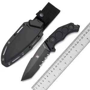 KB FIN Fixed 4-7/8" D2 Steel Fixed Blade Ourdoor Knife for Camping Hiking Finshing Black Tactical Kitchen Fruit Knife