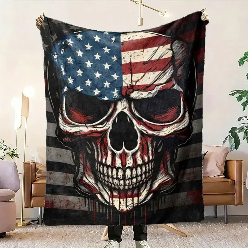 Patriotic Skull American Flag Cooling Blanket for Couch Bed, Lightweight Plush All Season Nap Blanket, Portable Travel Camping Car Office Throw Blanket, Durable Wrinkle Resistant Printed Blanket, Ideal Daily Use & Rebel Style Gift