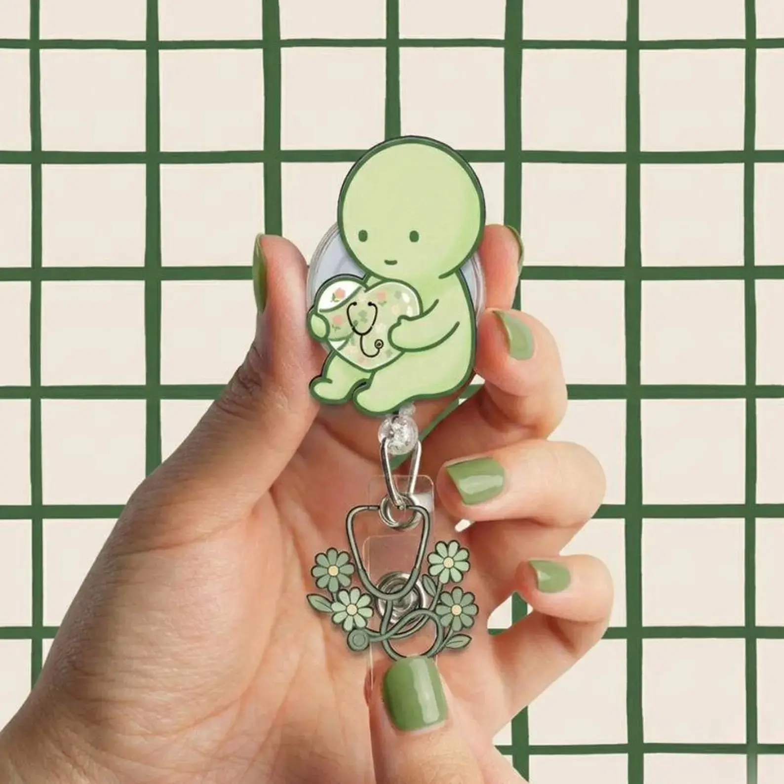 Kawaii Nurse Badge Reel | Smiski Accessory, Floral Charm