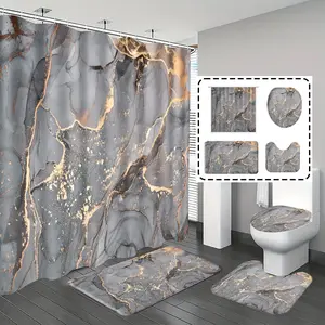 [Popular Choice]1pc/4pcs, bathroom curtains shower, bathroom set, shower curtains, bathroom decor,bathroom rug, home decoration, bathroom mat, gray watercolor marble pattern, simple and luxurious theme decoration, bathroom set, with 12 hooks.