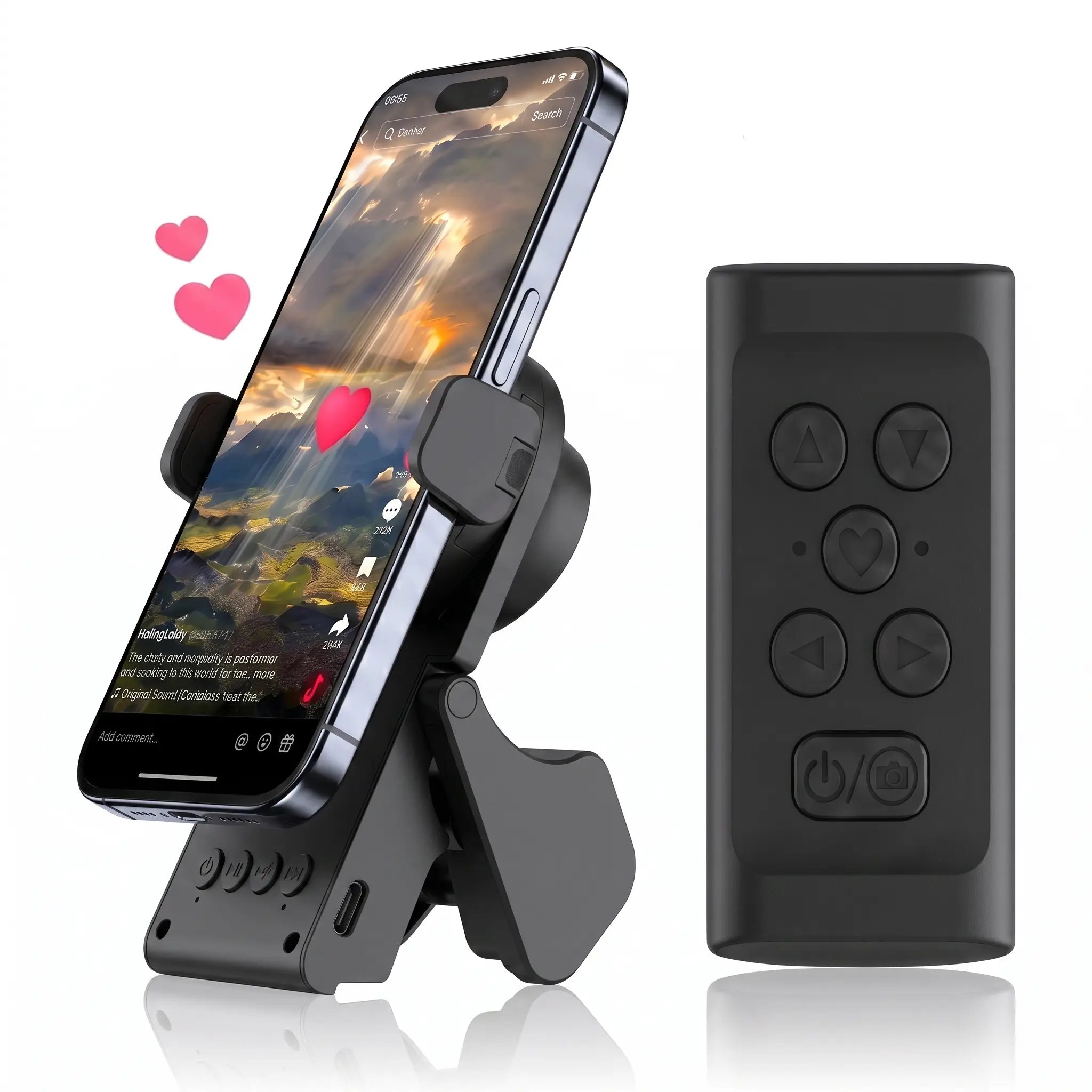 All-in-One Wireless Remote Controller with Foldable Phone Stand & Bluetooth Speaker, E-Book Page Turner, Short Video Scroll Tool, Selfie Shutter for iPhone, iPad, Android